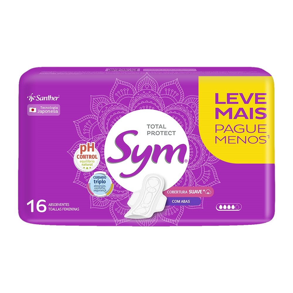 Absorvente Sym Cobertura Suave com Abas Leve 16 Pague 14 - Embalagem com 16 Unidades