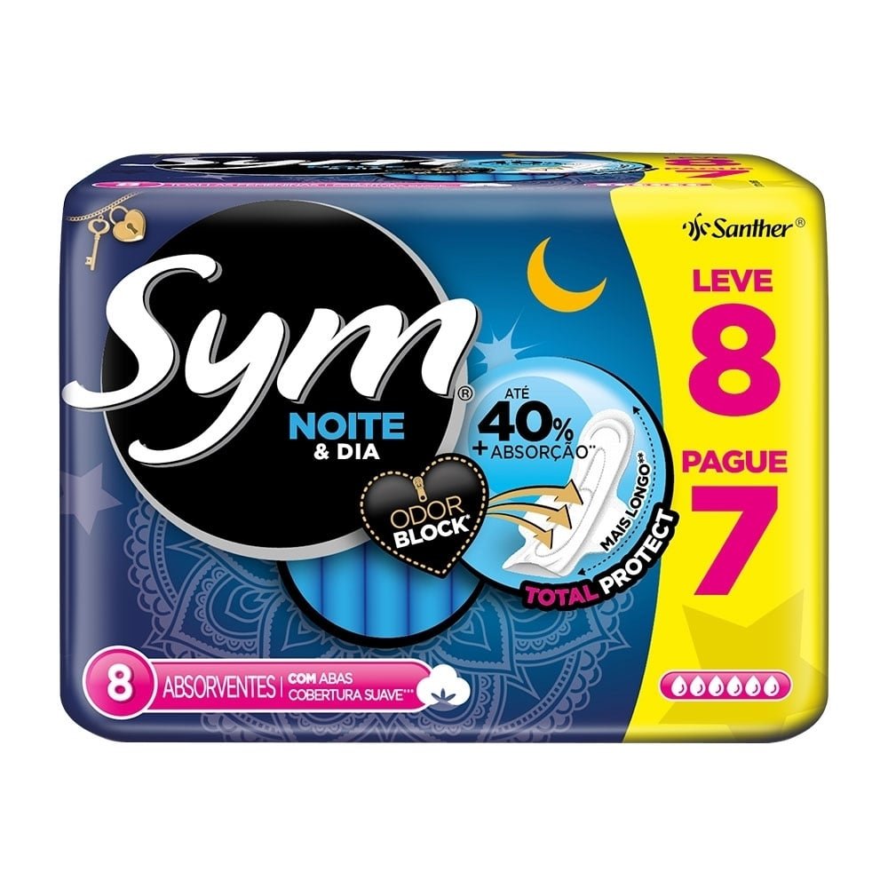 Absorvente Sym Noite e Dia Cobertura Suave com Abas Embalagem com 8 Unidades
