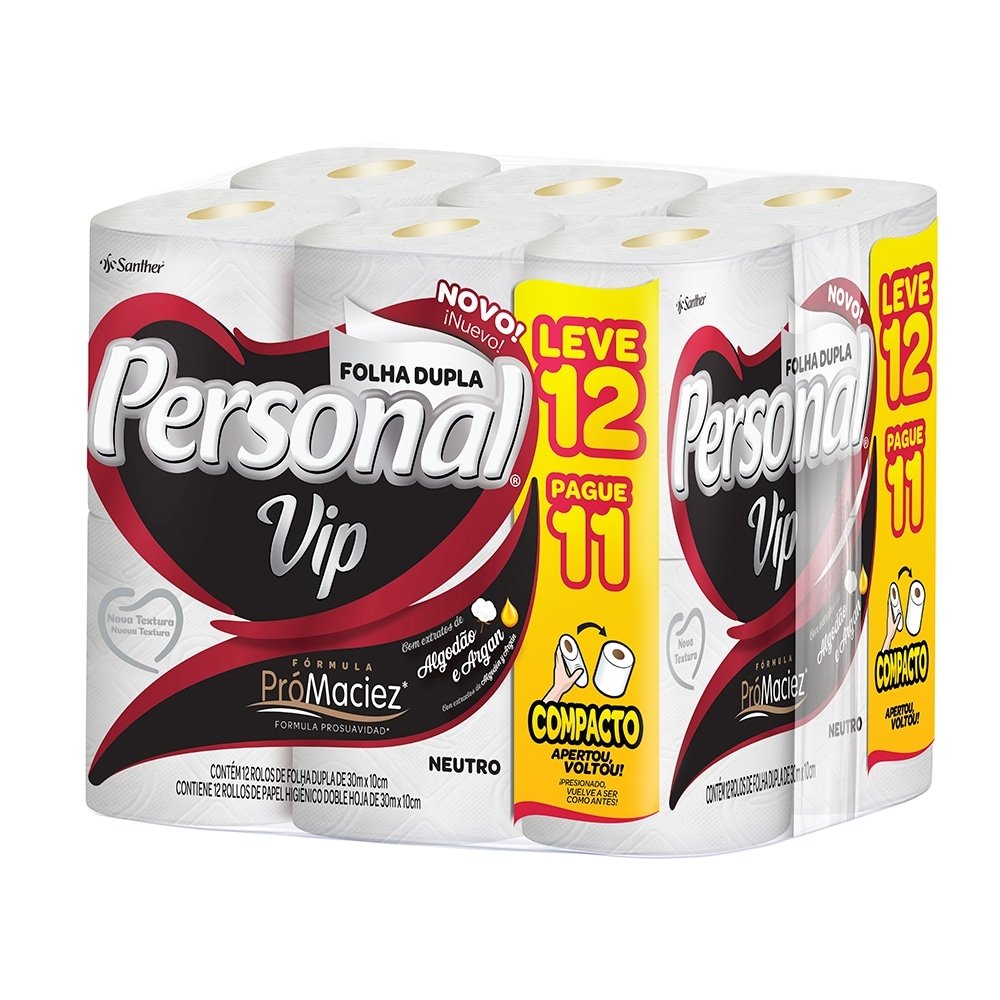Papel Higiênico Personal Vip Folha Dupla 30m Embalagem com 12 Unidades