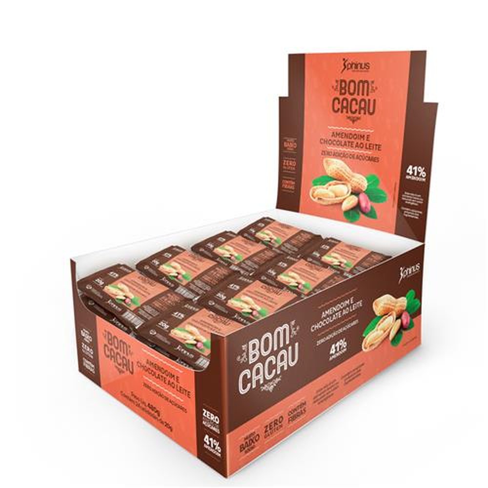 Bombom de Amendoim e Chocolate ao Leite 480g Zero Adição de Açucares, 41% Amendoim - PHINUS ( Caixa Display com 24 unidades de 20g)