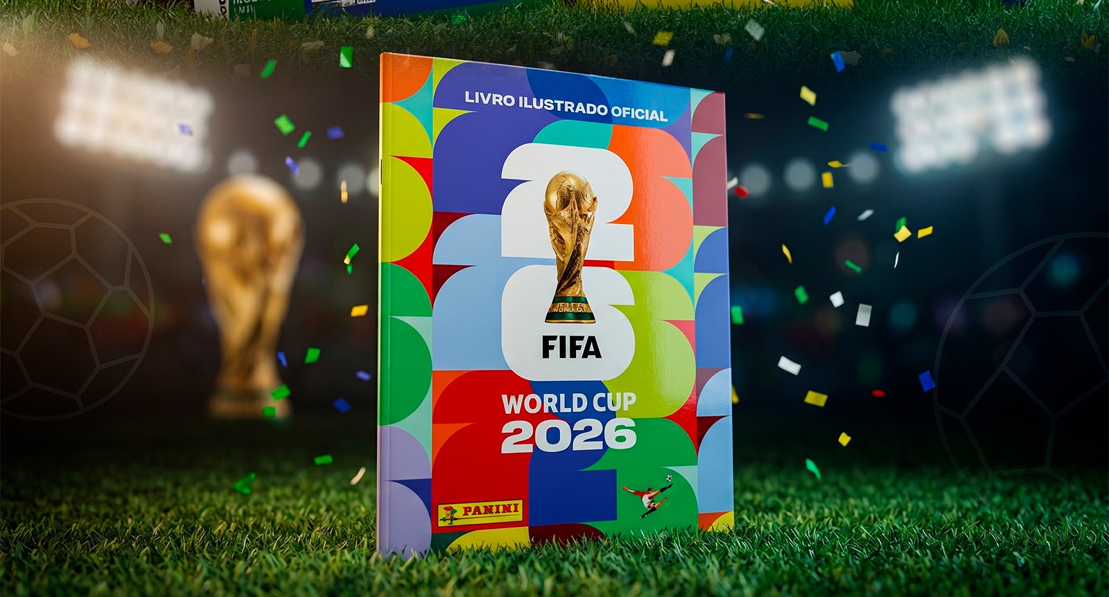 Álbum oficial brochura Copa do Mundo 2026 Panini em pé sobre o gramado com refletores de estádio ao fundo.