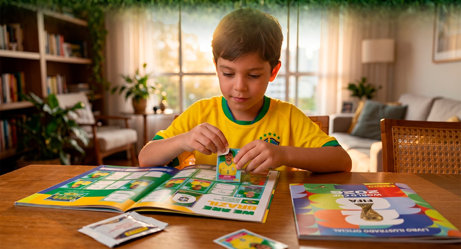 Menino de camisa amarela colando figurinha no álbum da Copa do Mundo 2026 Panini sobre mesa de madeira.