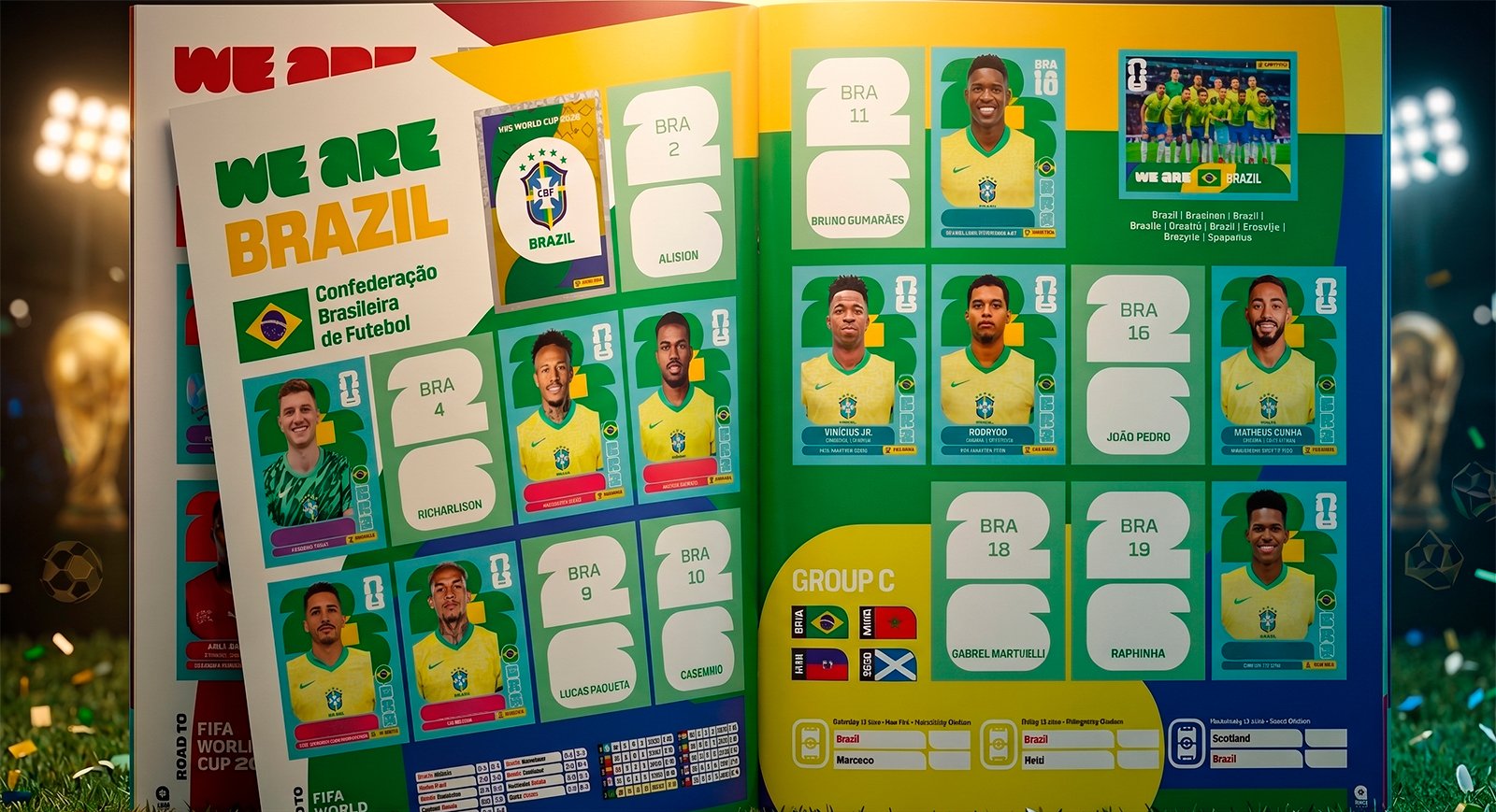 Páginas internas abertas do álbum da Copa do Mundo 2026 Panini com figurinhas da seleção brasileira coladas.