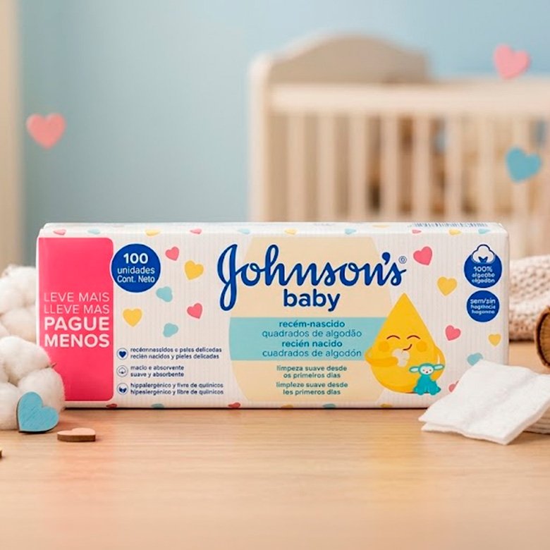 Algodão Johnson's Baby Quadrado Recém-Nascido 100 unidades em embalagem promocional leve mais pague menos
