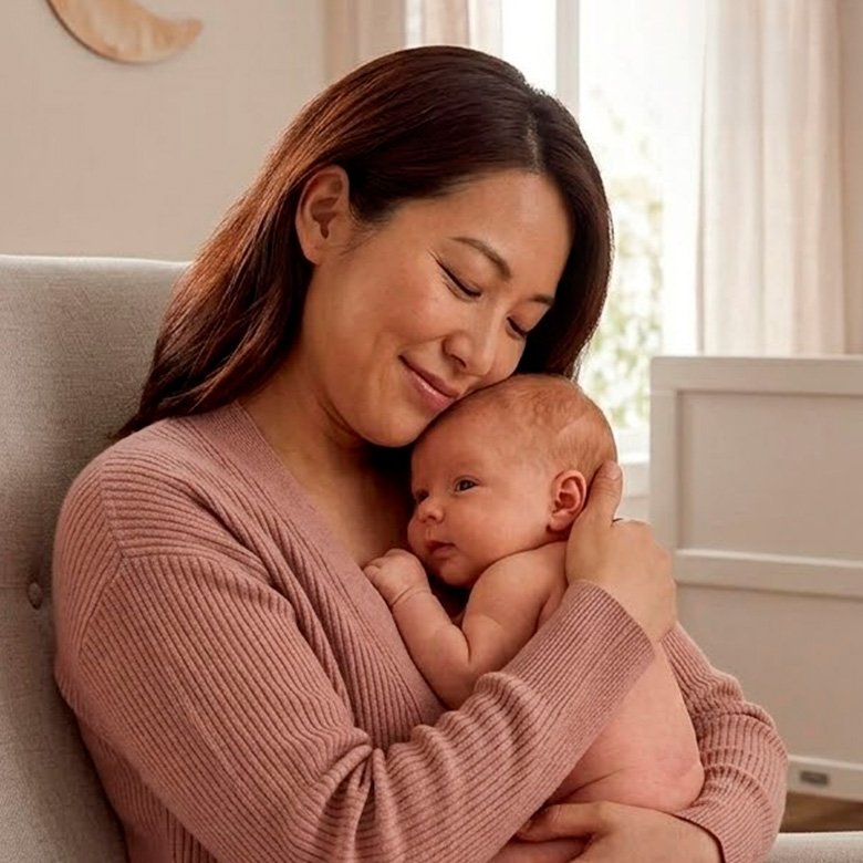 Mãe abraça bebê recém-nascido em momento de cuidado e higiene com Johnson's Baby