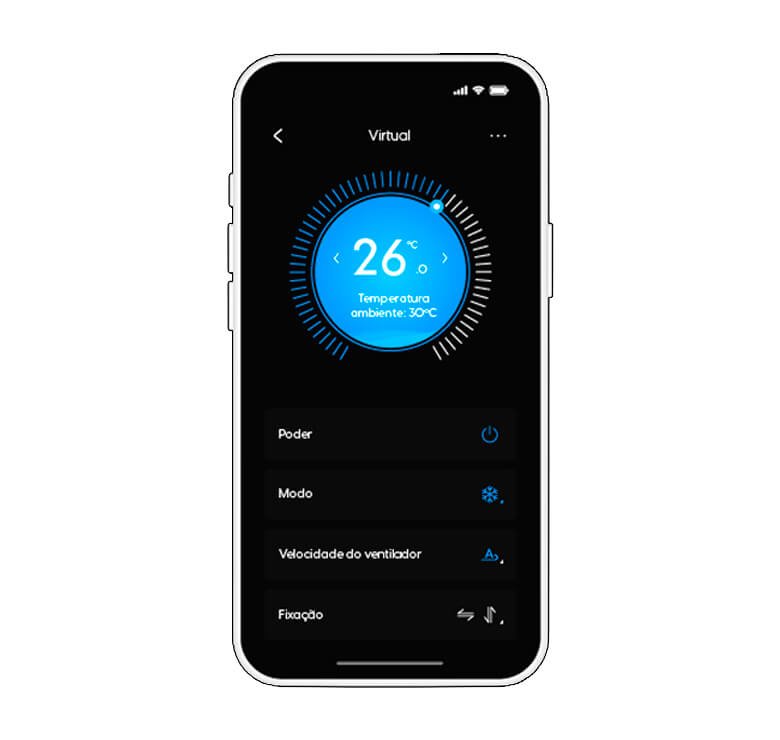 Tela aplicativo AC Elgin Smart controlando ar-condicionado Elgin Eco Inverter III via Wi-Fi.
