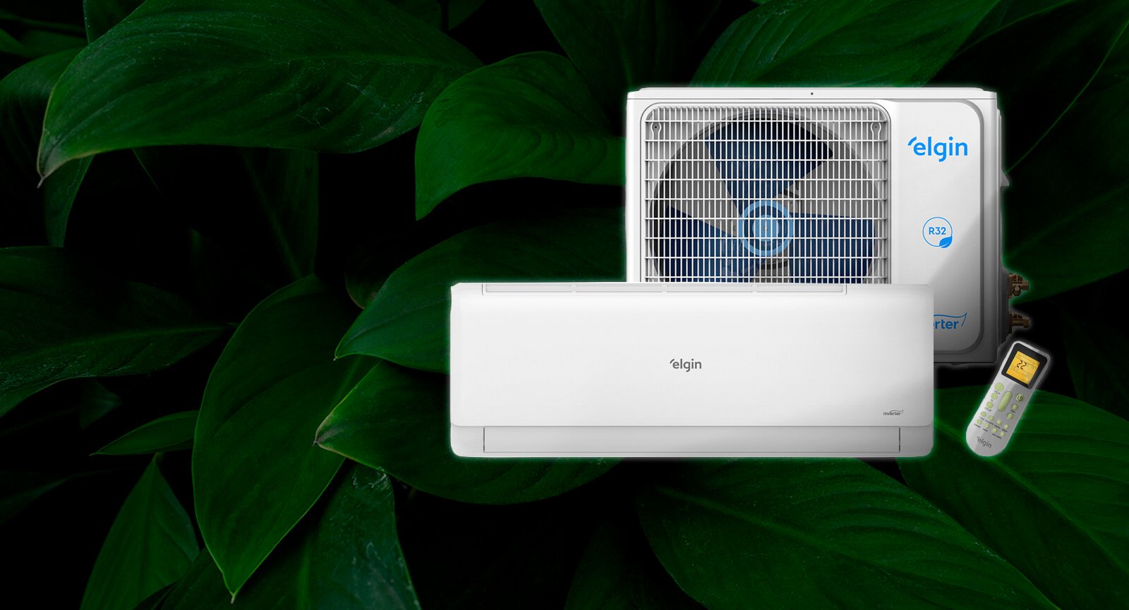 Ar-condicionado Elgin Eco Inverter III condensadora e controle sobre folhas destacando gás ecológico R32.