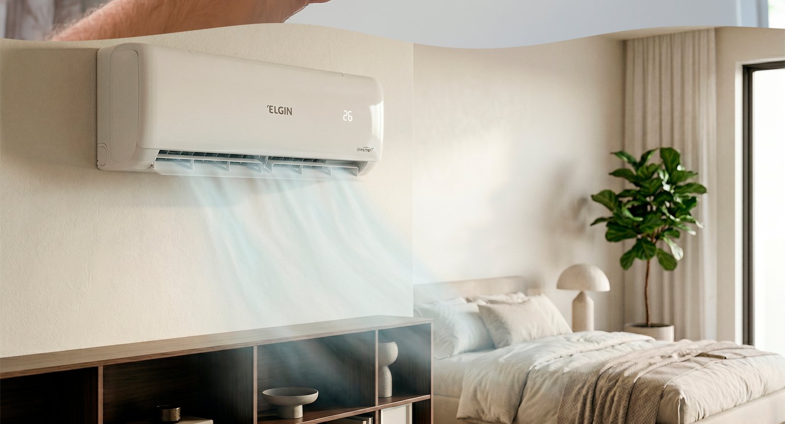Ar-condicionado Elgin Eco Inverter III resfriando quarto moderno com fluxo de ar visível