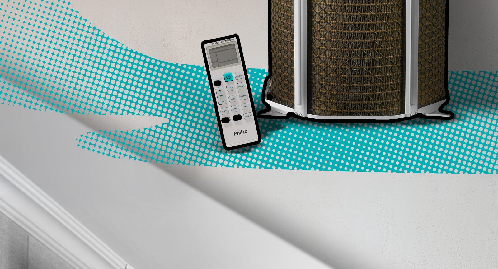 Controle remoto ar-condicionado Philco ao lado base unidade externa condensadora
