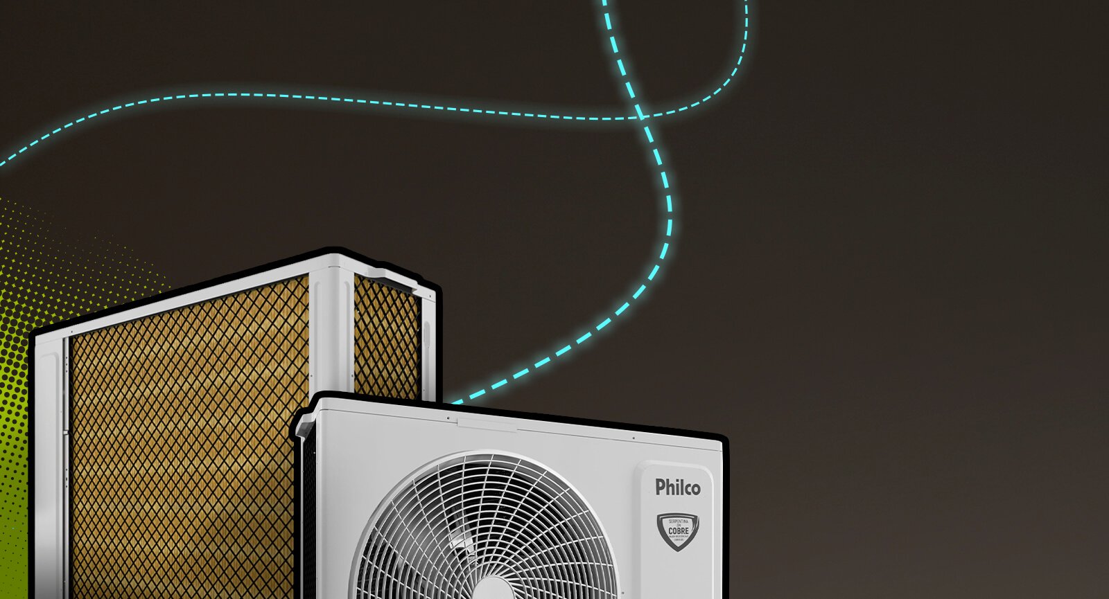 Unidade externa condensadora ar-condicionado Philco PAC9FB detalhe serpentina cobre GoldFin.
