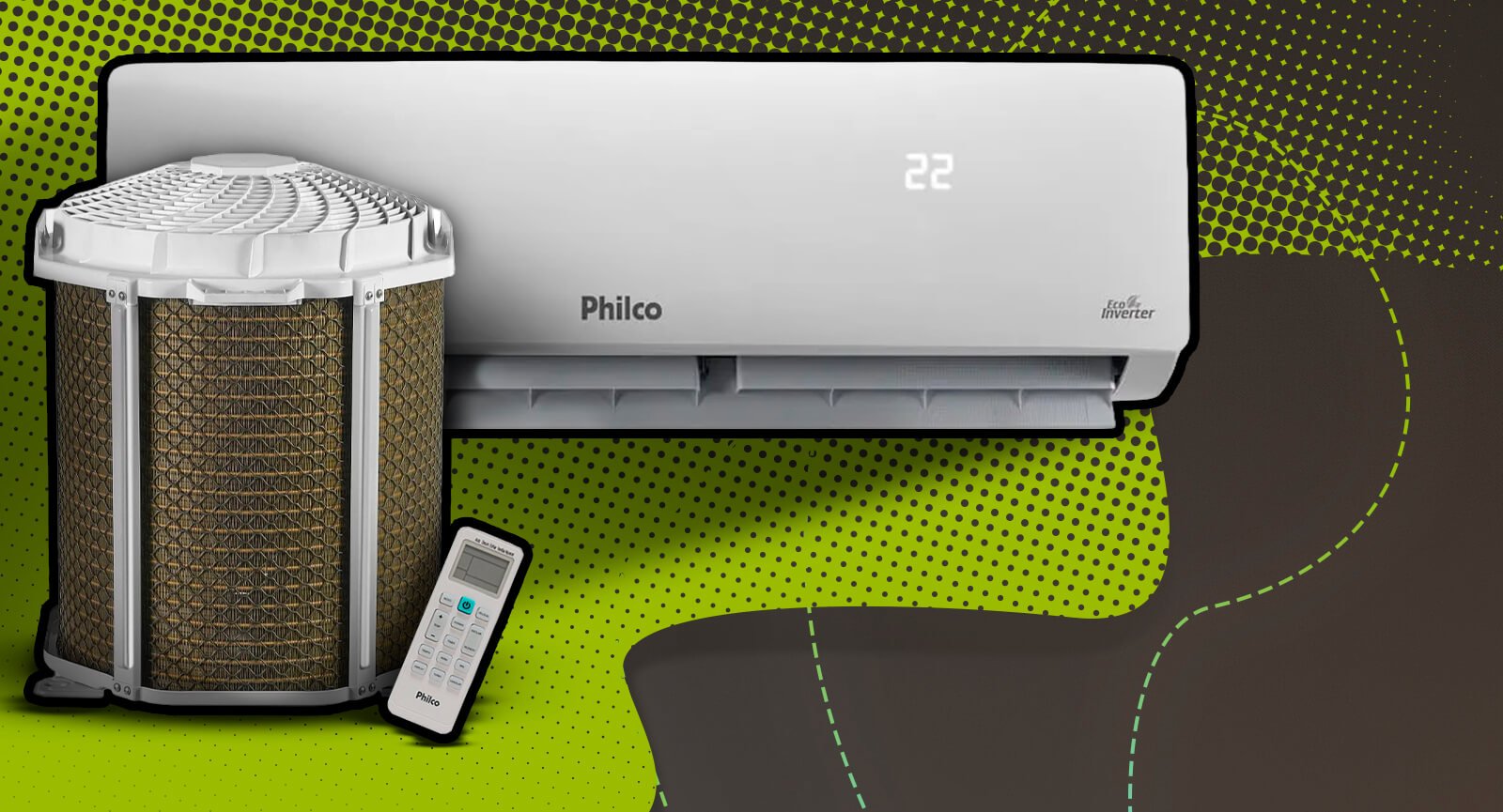Conjunto ar-condicionado Philco PAC9FC 9000 BTU com unidade interna, condensadora externa cilíndrica e controle remoto