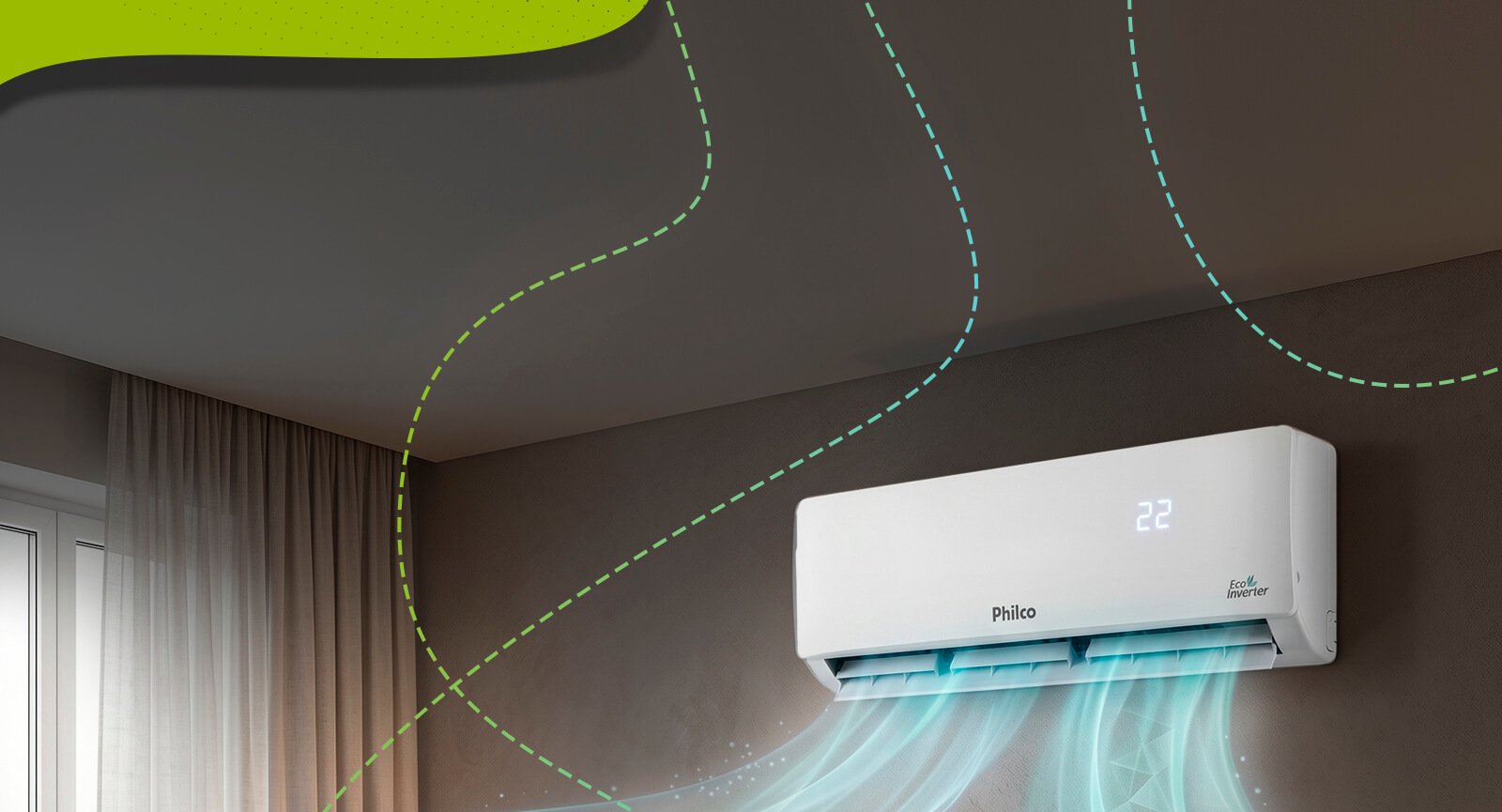 Unidade interna evaporadora ar-condicionado Philco PAC9FC 9000 BTU em parede cinza emitindo fluxo de ar frio azul