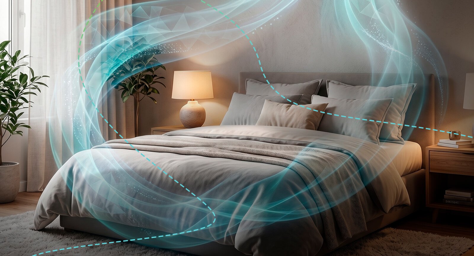 Ambiente quarto com cama e linhas azuis simulando fluxo de ar e conforto térmico do ar-condicionado Philco PAC9FC