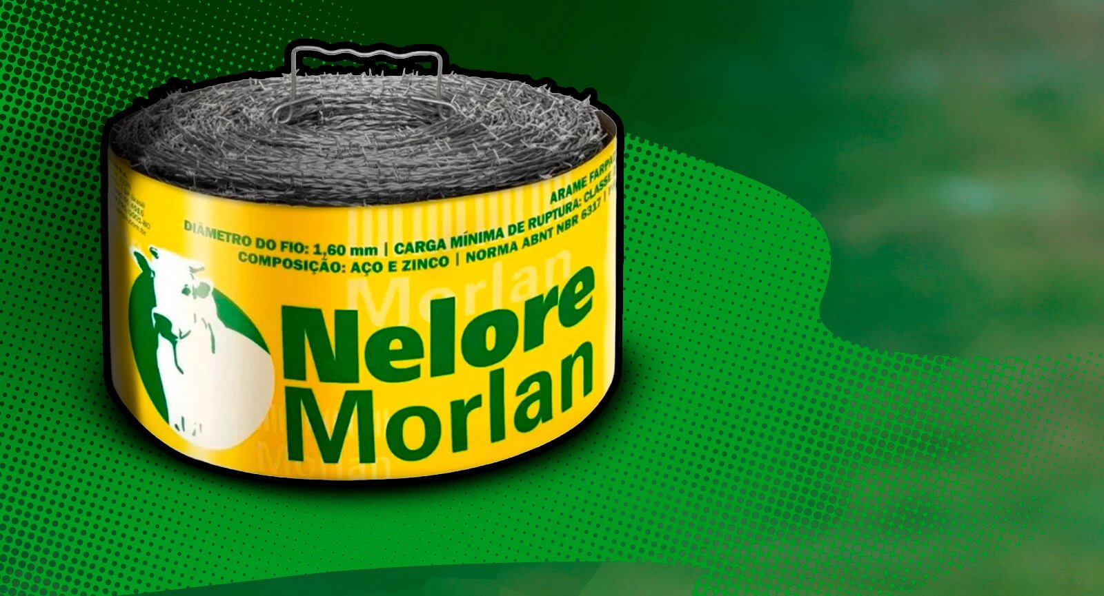 Rolo arame farpado Morlan Nelore 500m aço zincado classe 250 sobre fundo verde