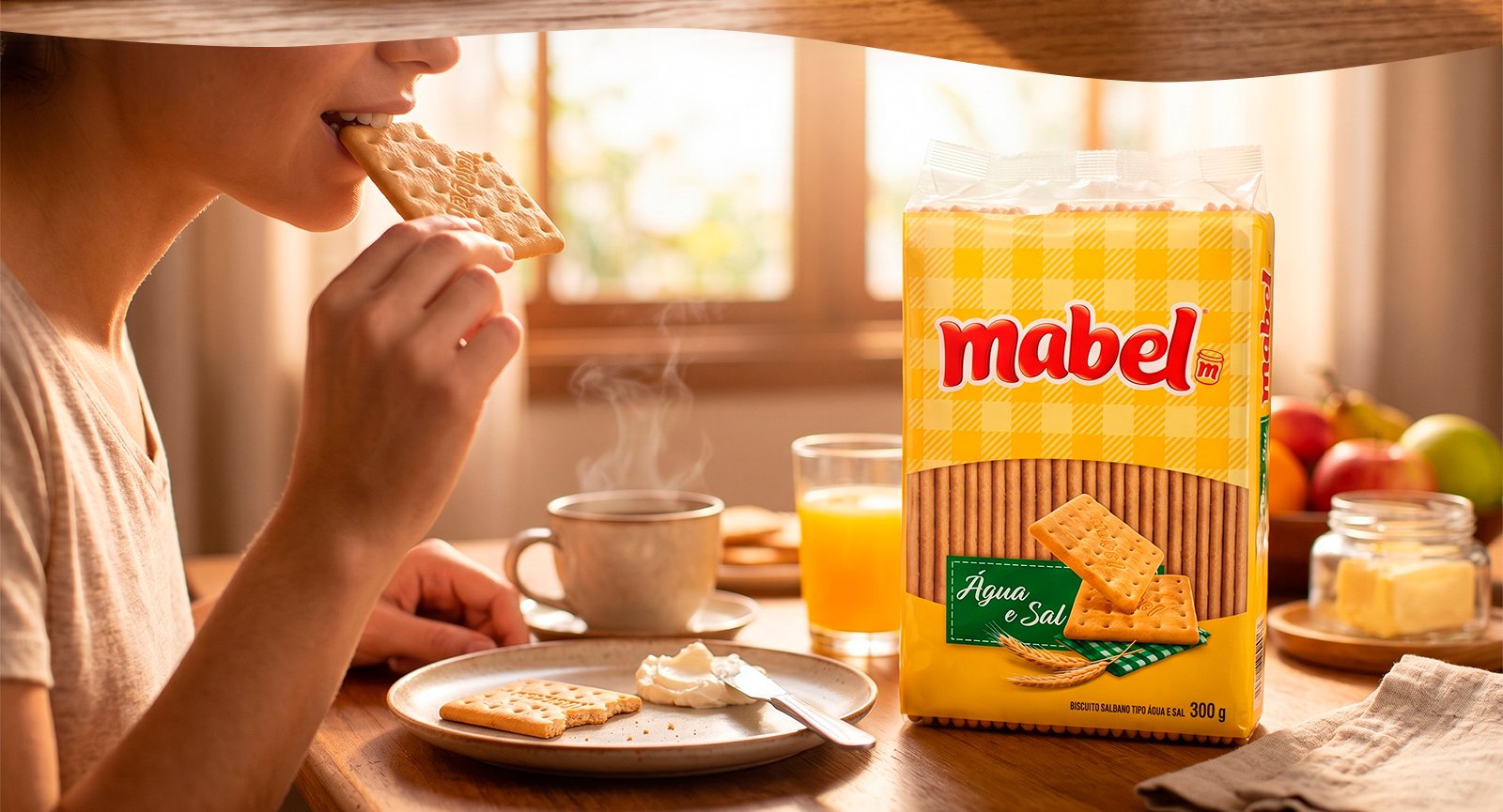 Mulher comendo Biscoito Mabel Água e Sal perto do pacote 300g xícara de café e suco em mesa iluminada