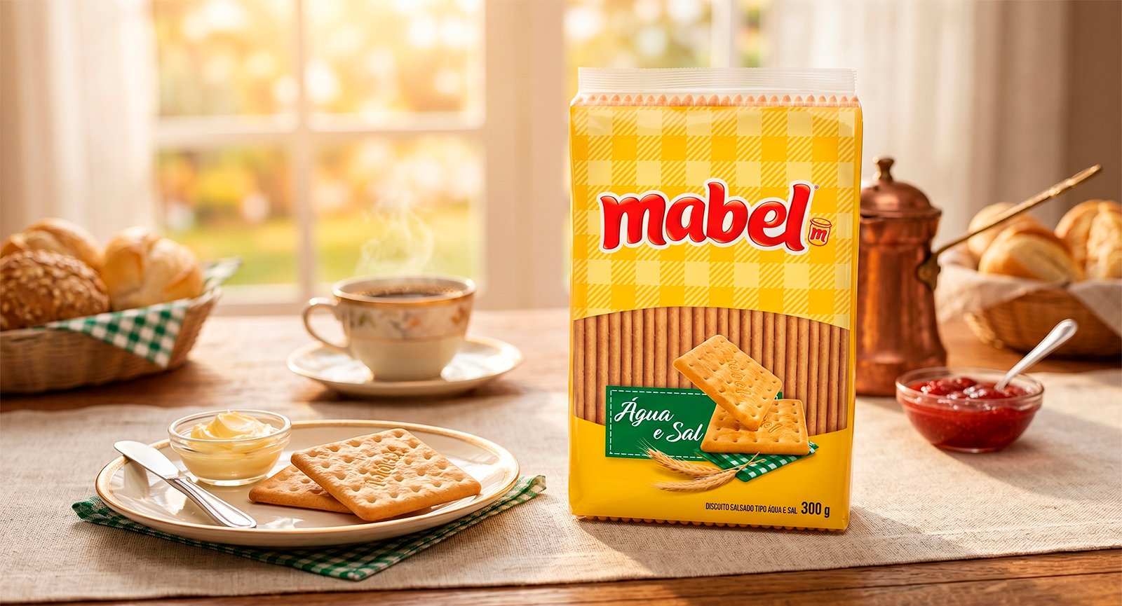 Pacote Biscoito Mabel Água e Sal 300g e prato com biscoitos quadrados e manteiga em mesa de café da manhã