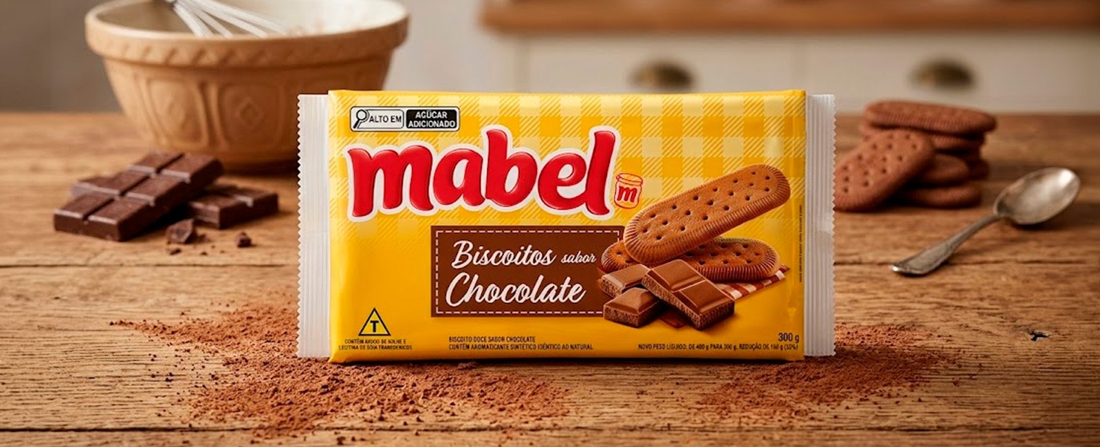 Biscoito Mabel Chocolate 300g mesa madeira cacau pó pedaços chocolate ambiente café manhã