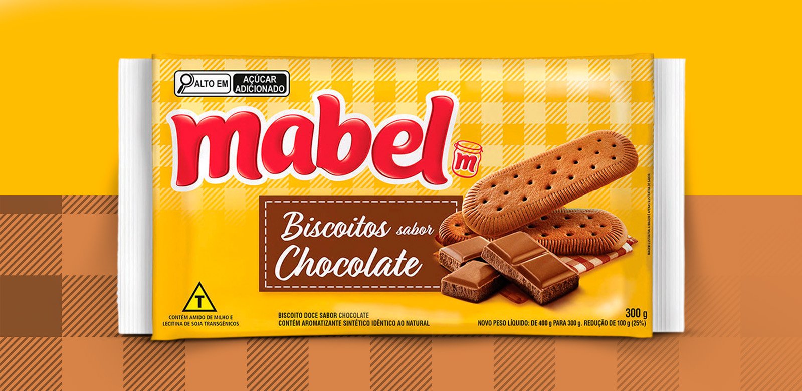 Biscoito Mabel Chocolate 300g frente embalagem ilustrada biscoitos crocantes pedaços chocolate
