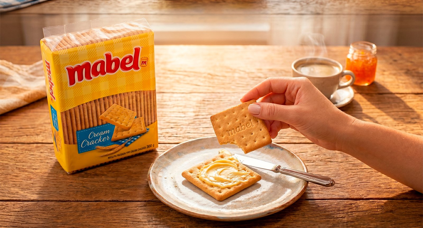 Mão segurando Biscoito Mabel Cream Cracker mordido sobre prato com manteiga perto de pacote 300g e café