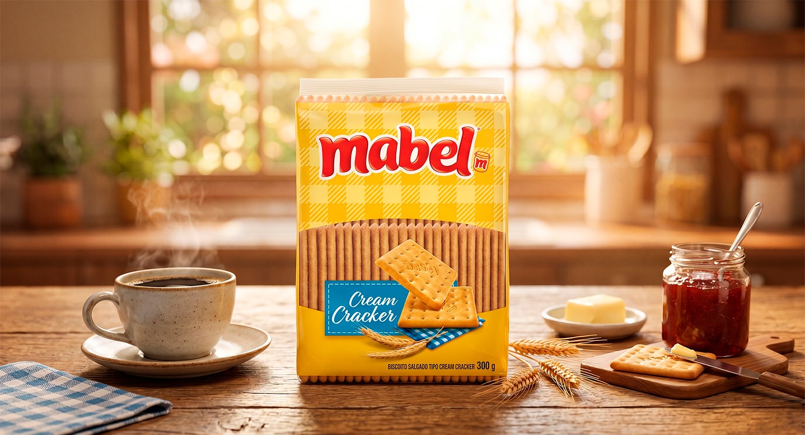 Pacote Biscoito Mabel Cream Cracker 300g em mesa rústica com xícara de café geleia e manteiga em ambiente iluminado