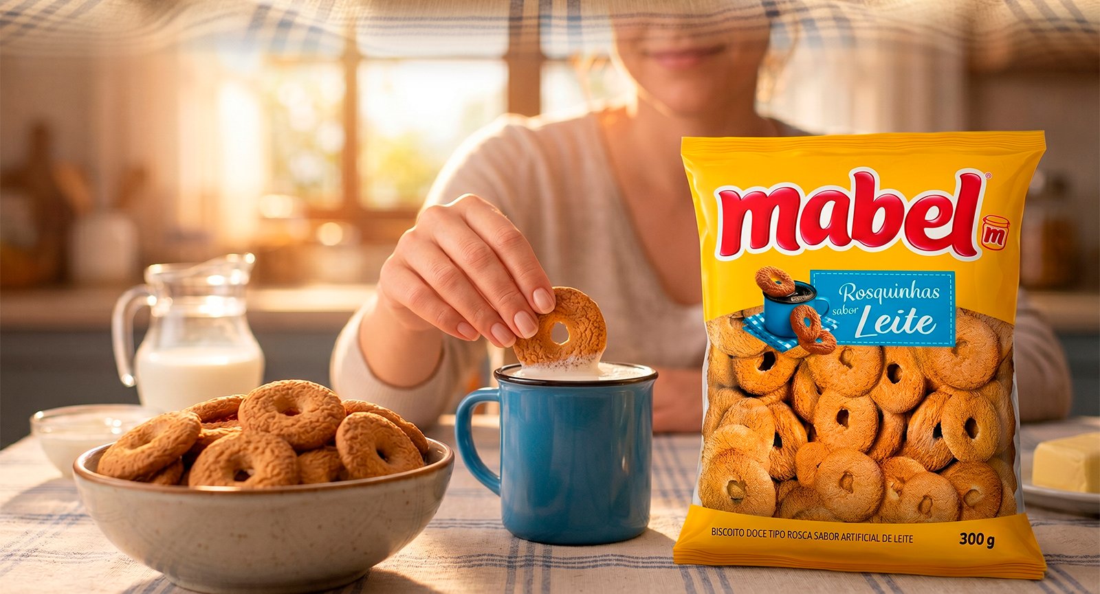 Mulher mergulhando Biscoito Mabel Rosquinha Leite em caneca azul ao lado do pacote 300g e tigela cheia na mesa