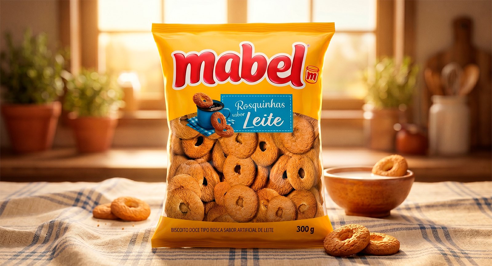 Pacote Biscoito Mabel Rosquinha Leite 300g sobre toalha xadrez com biscoitos soltos e tigela em cozinha iluminada