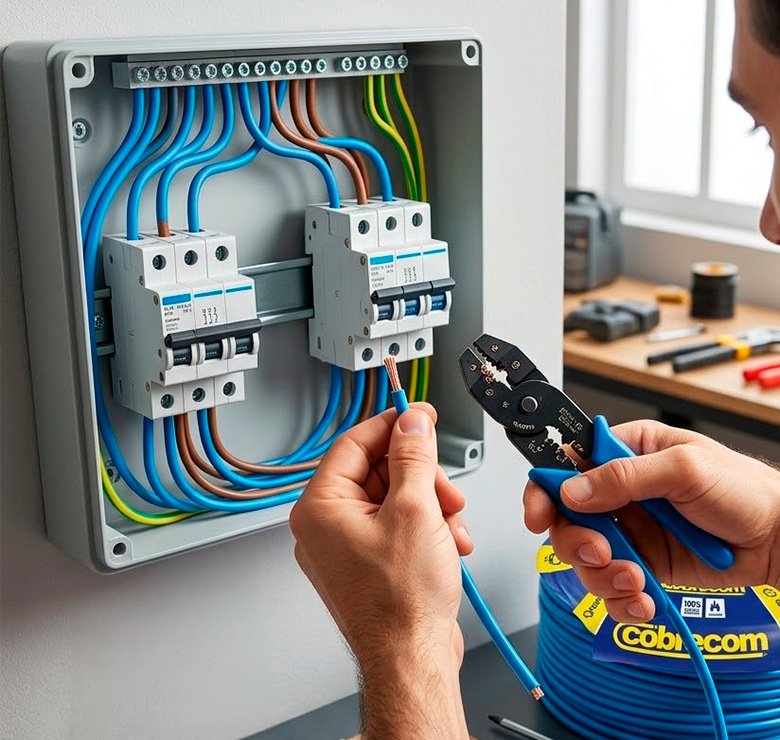 Eletricista instalando cabo flexível Cobrecom 2,5mm azul em quadro de disjuntores