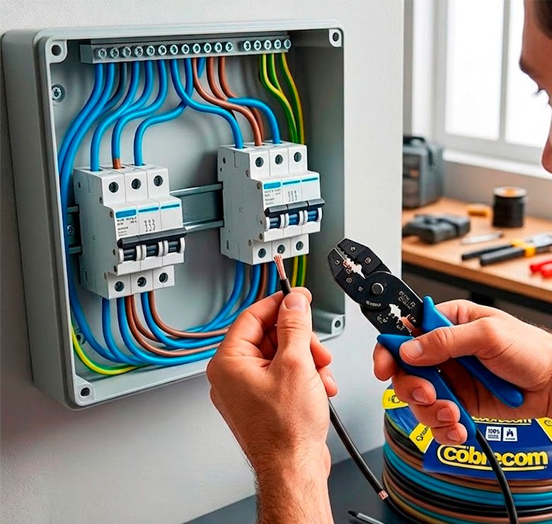 Eletricista instalando cabo flexível Cobrecom 2,5mm Preto em quadro de disjuntores