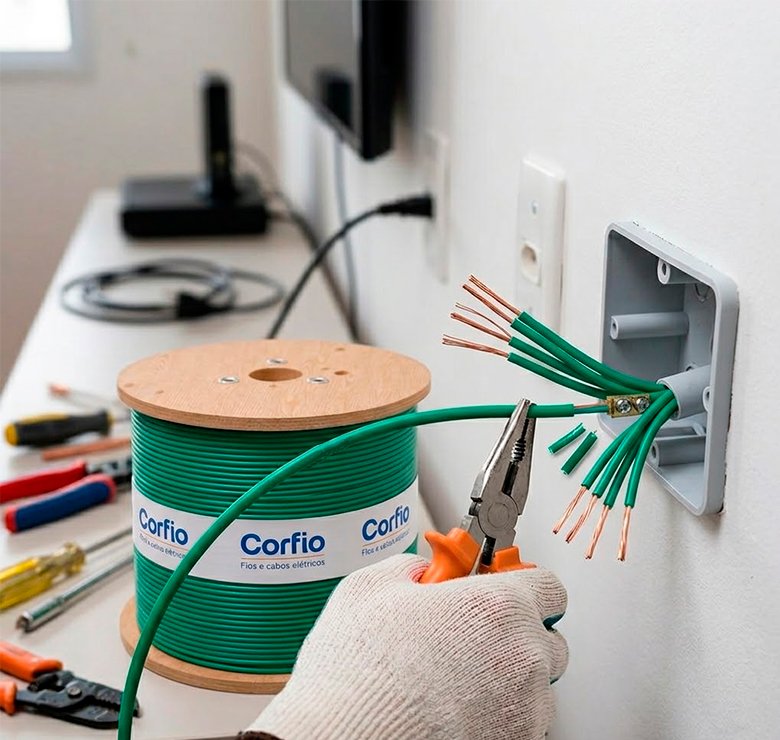 Eletricista instalando cabo flexível Corfio verde 2,5mm em caixa de passagem