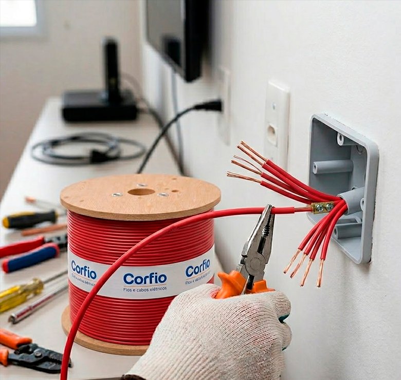 Eletricista instalando cabo flexível Corfio vermelho 2,5mm em caixa de passagem