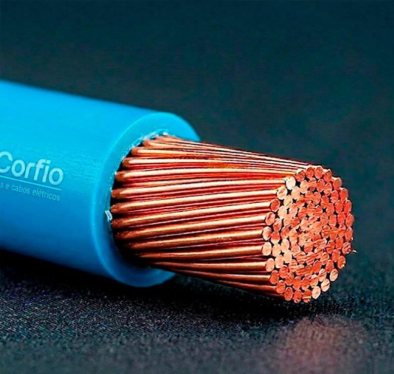 Detalhe em close do condutor de cobre nu e isolação branca do Cabo Flexível Corfio 2,5mm