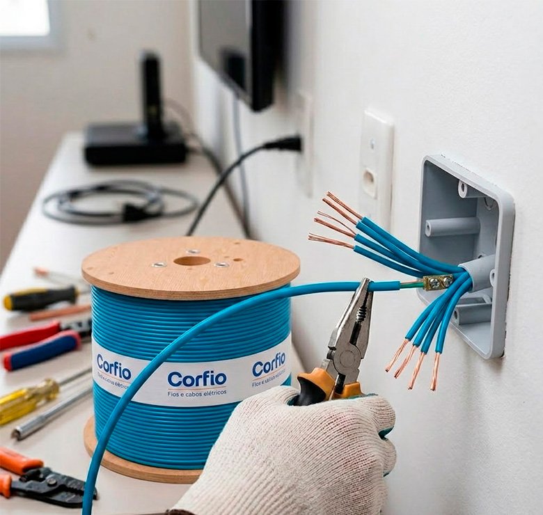 Eletricista instalando Cabo Flexível Corfio branco 2,5mm em caixa de passagem de alvenaria