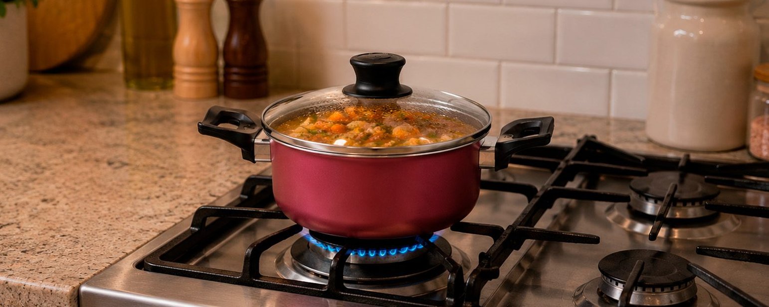 Caçarola vermelha marca tampada com sopa fervendo em fogão a gás aceso com fundo de azulejos brancos