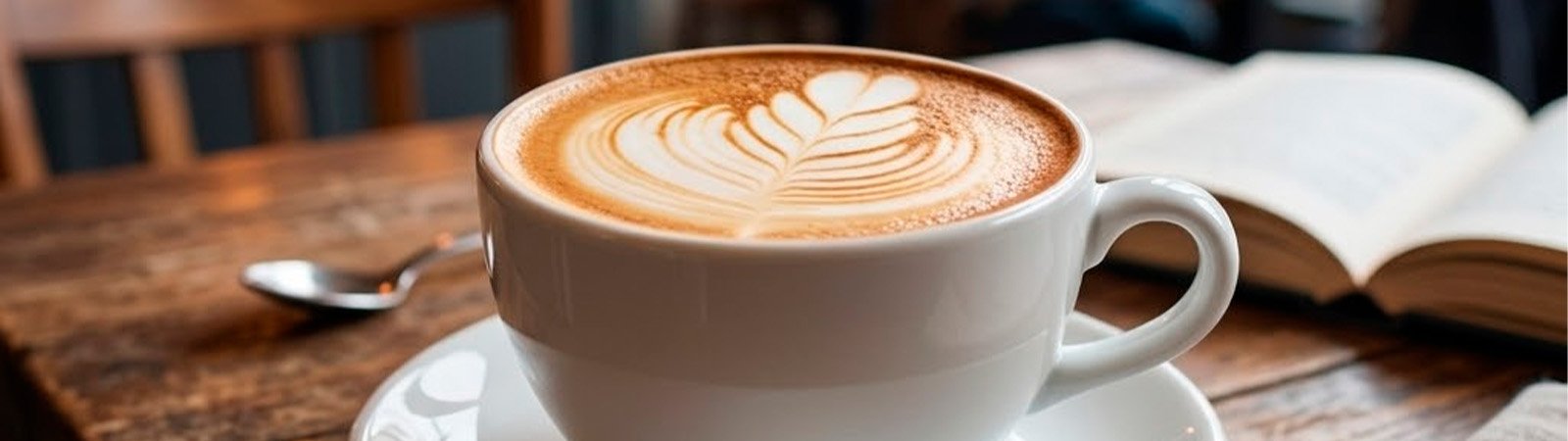 Xícara de café com leite e arte latte art em ambiente aconchegante com livro ao fundo União