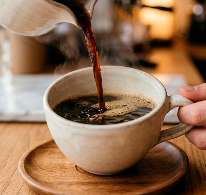 Pessoa servindo café preto União Extra Forte fumegante em xícara de cerâmica sobre mesa de madeira