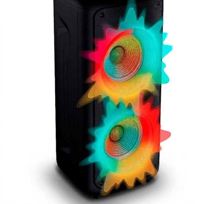 Detalhe dos alto-falantes com luzes LED RGB circulares coloridas da Caixa de Som Philips