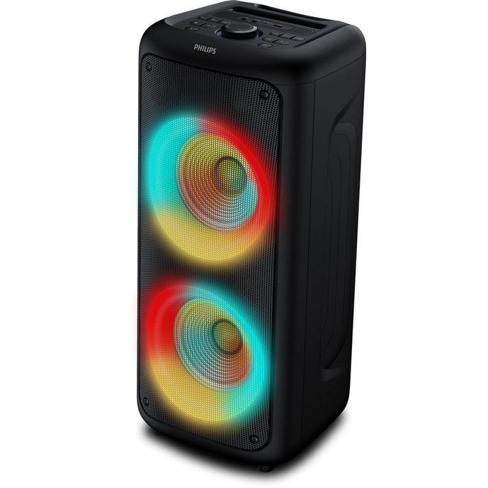 Caixa de Som Philips Party Speaker preta com iluminação LED colorida em fundo branco