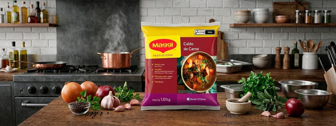 Caldo de Carne MAGGI Professional sobre bancada de cozinha com ingredientes