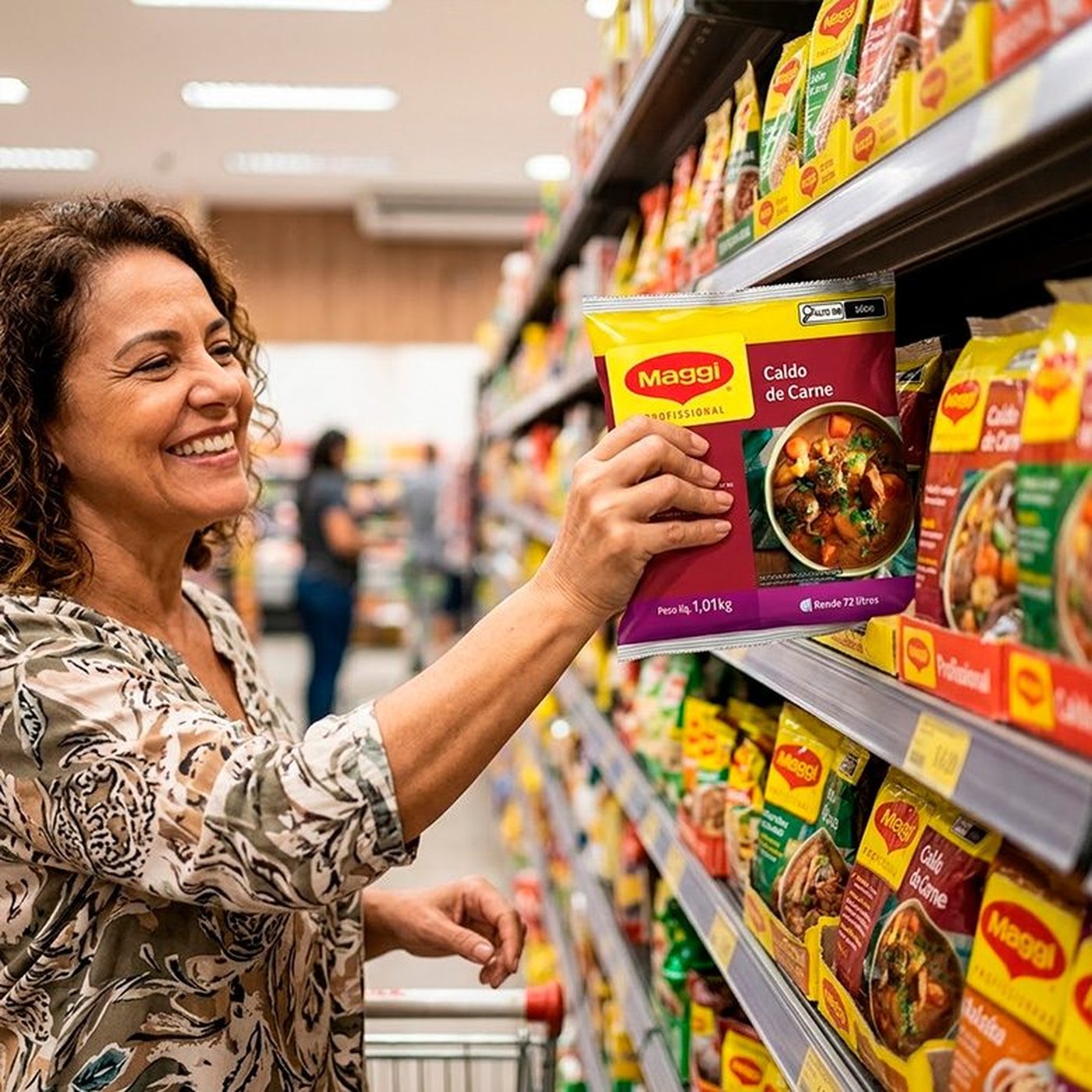 Pessoa escolhendo embalagem de Caldo de Carne MAGGI em gôndola