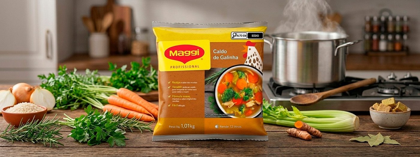 Caldo de Galinha MAGGI Professional sobre bancada de cozinha com ingredientes