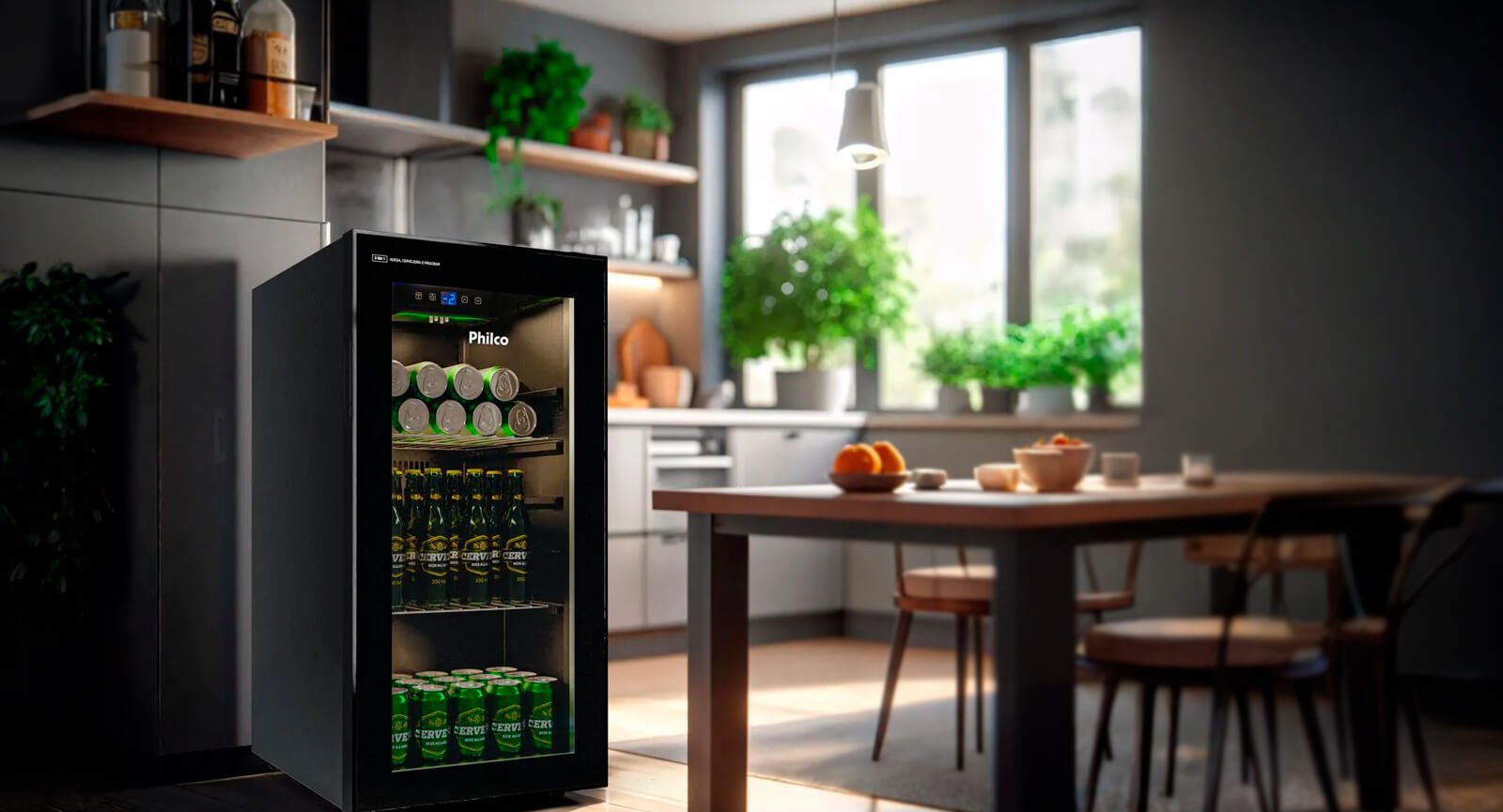 Cervejeira Philco PCV09A 96L 3 em 1 preta em cozinha com bebidas internas