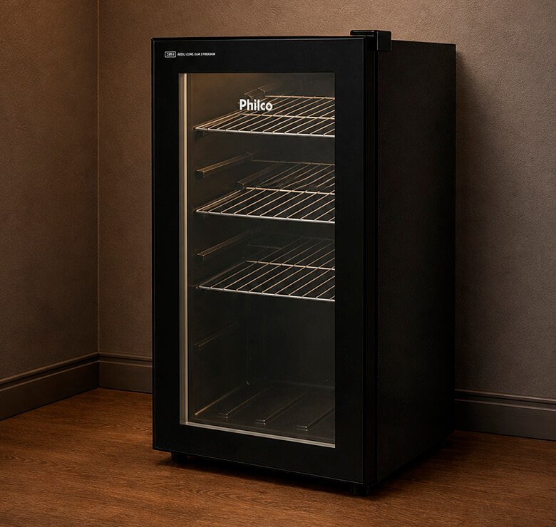 Cervejeira Philco PCV09A preta com porta de vidro e prateleiras internas