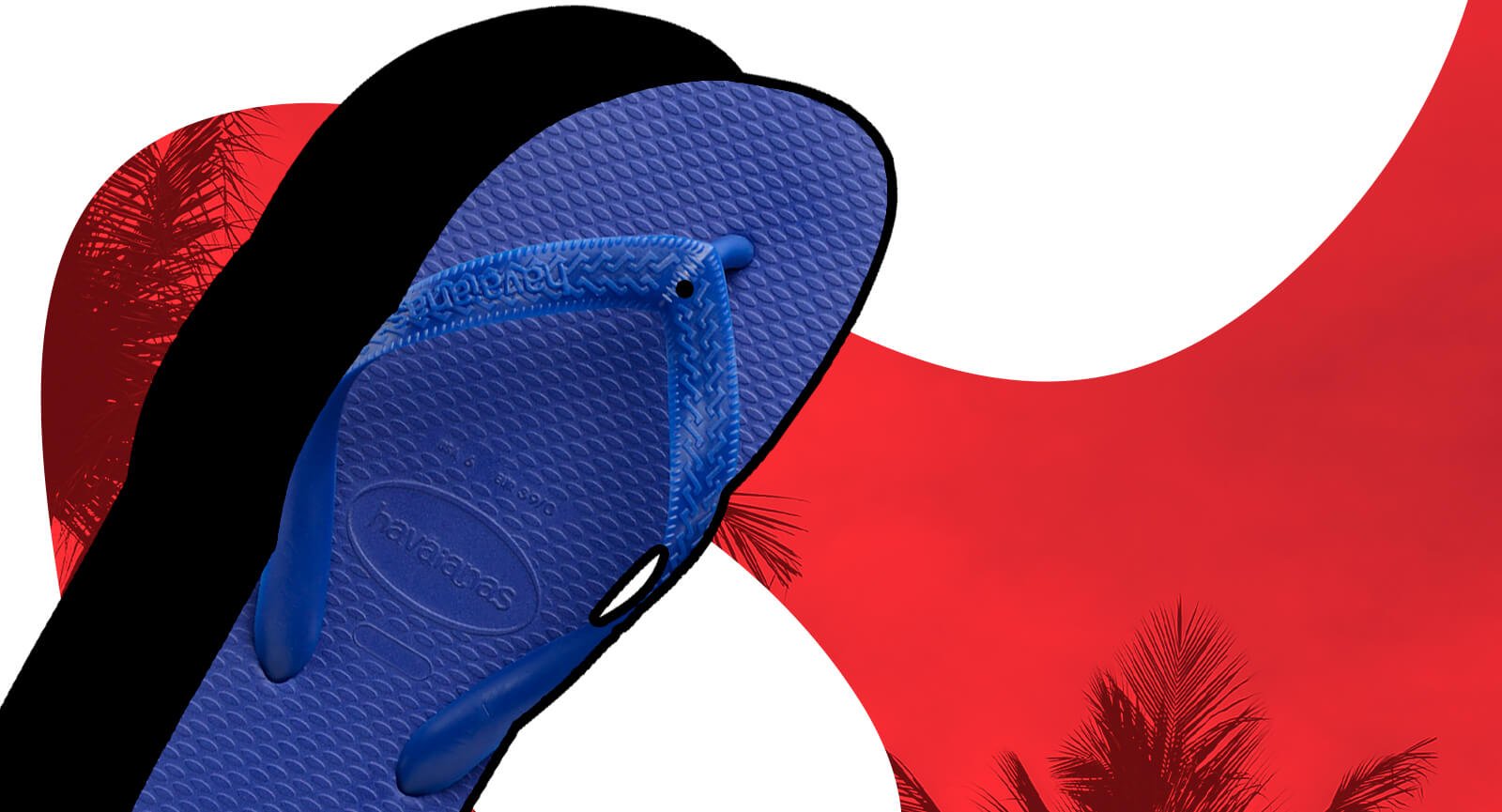 Chinelo Havaianas Kids Color azul naval. Detalhe frontal das tiras texturizadas com fundo vermelho tropical.