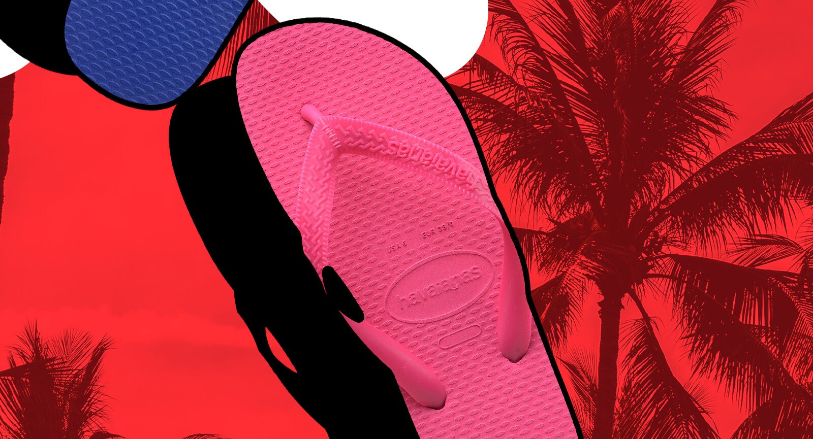 Chinelo Havaianas Kids Color rosa. Detalhe frontal das tiras em PVC sobre fundo vermelho tropical com palmeiras.