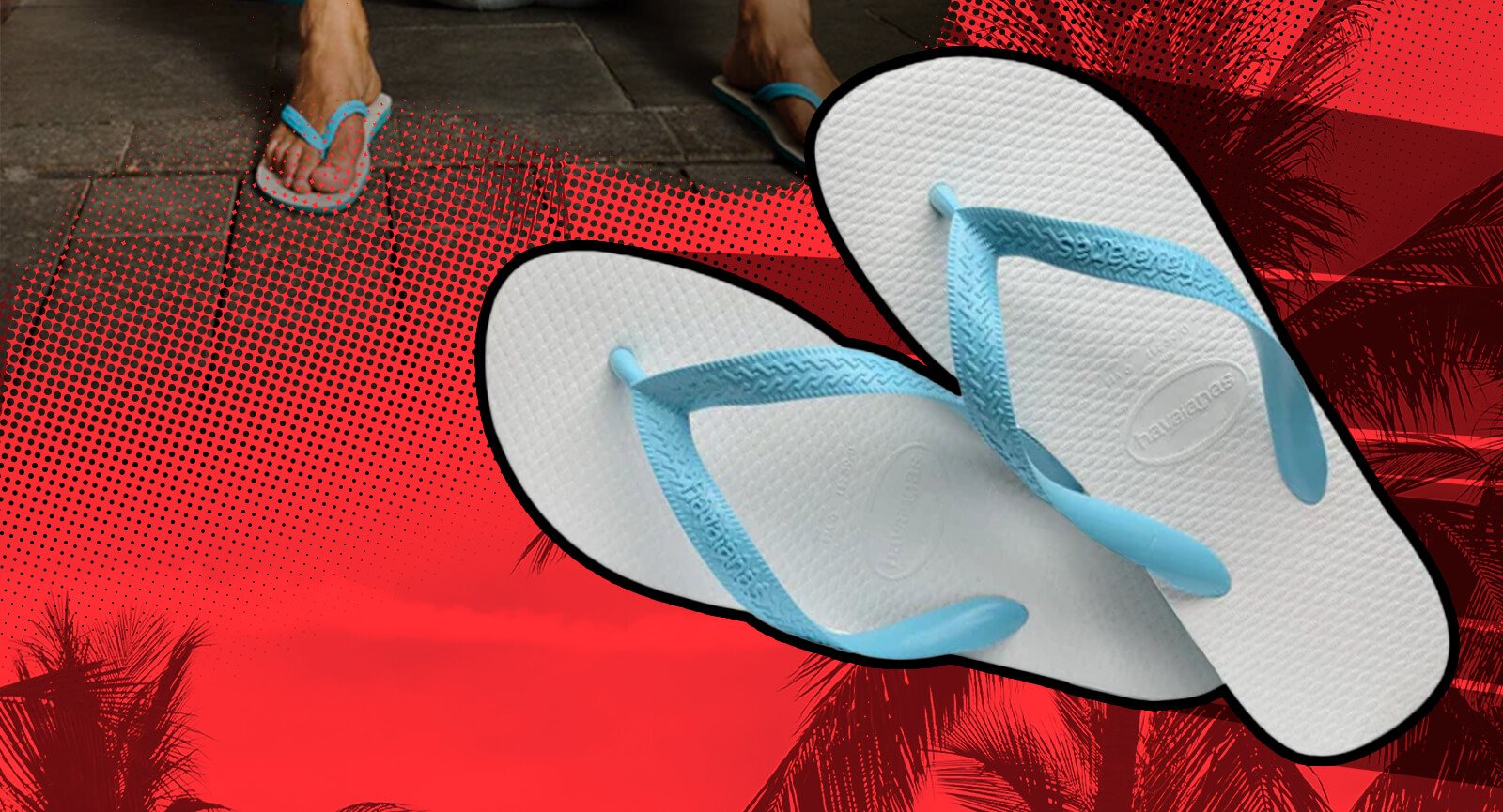 Chinelo Havaianas Tradicional sola branca e tira azul  em fundo gráfico vermelho.