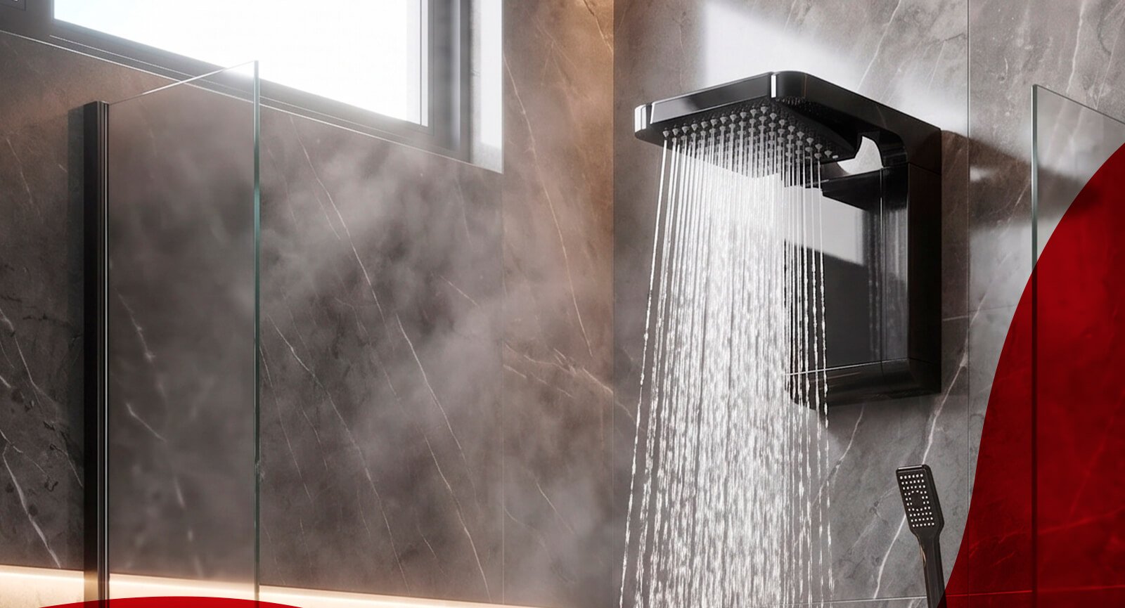 Chuveiro Lorenzetti Acqua Star Ultra preto ligado. Fluxo de água intenso e vapor em banheiro sofisticado.