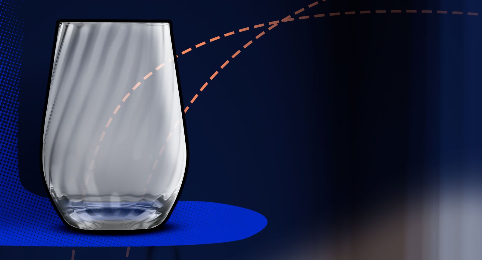Copo Nadir Ravena 480ml vazio vidro listras curvadas sobre fundo gráfico azul e preto