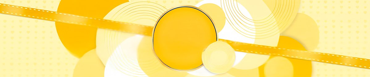 Elemento gráfico amarelo com círculos e fitas da identidade visual Pom Pom Sabonete Glicerinado