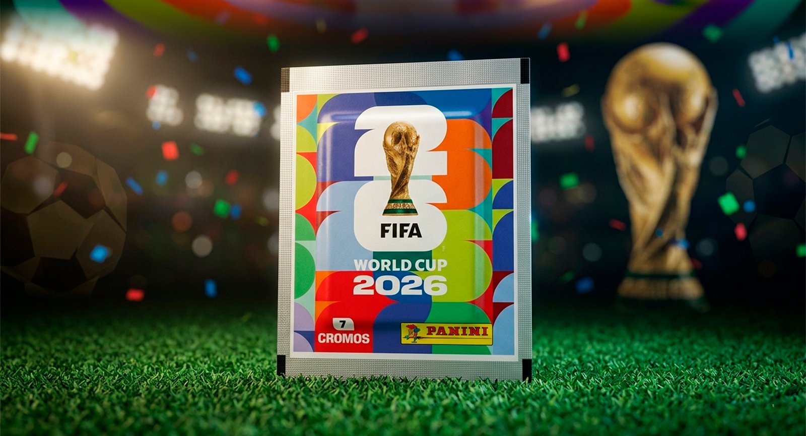 Envelope 7 figurinhas Panini Copa Mundo 2026 em gramado iluminado com estádio e troféu ao fundo