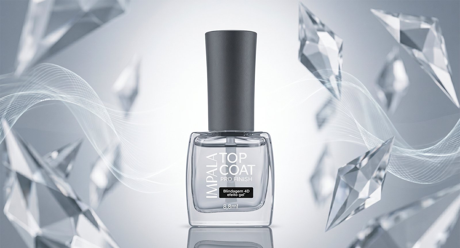 Esmalte Impala Top Coat Pro Finish Blindagem 4D 8,8ml com cristais flutuantes e fundo cinza